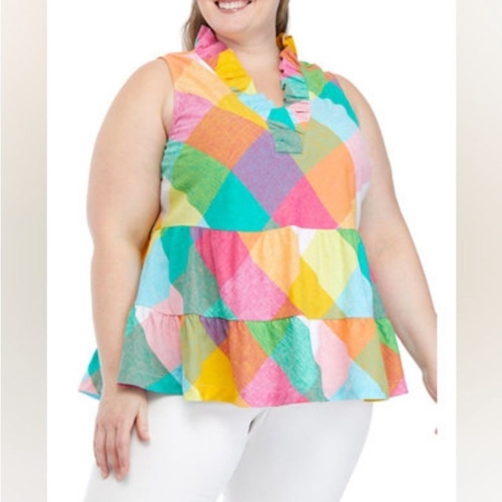 Crown and Ivy Womens Top 1X  Bright Sleeveless Tiered Plaid Ruffle Top Plus Size